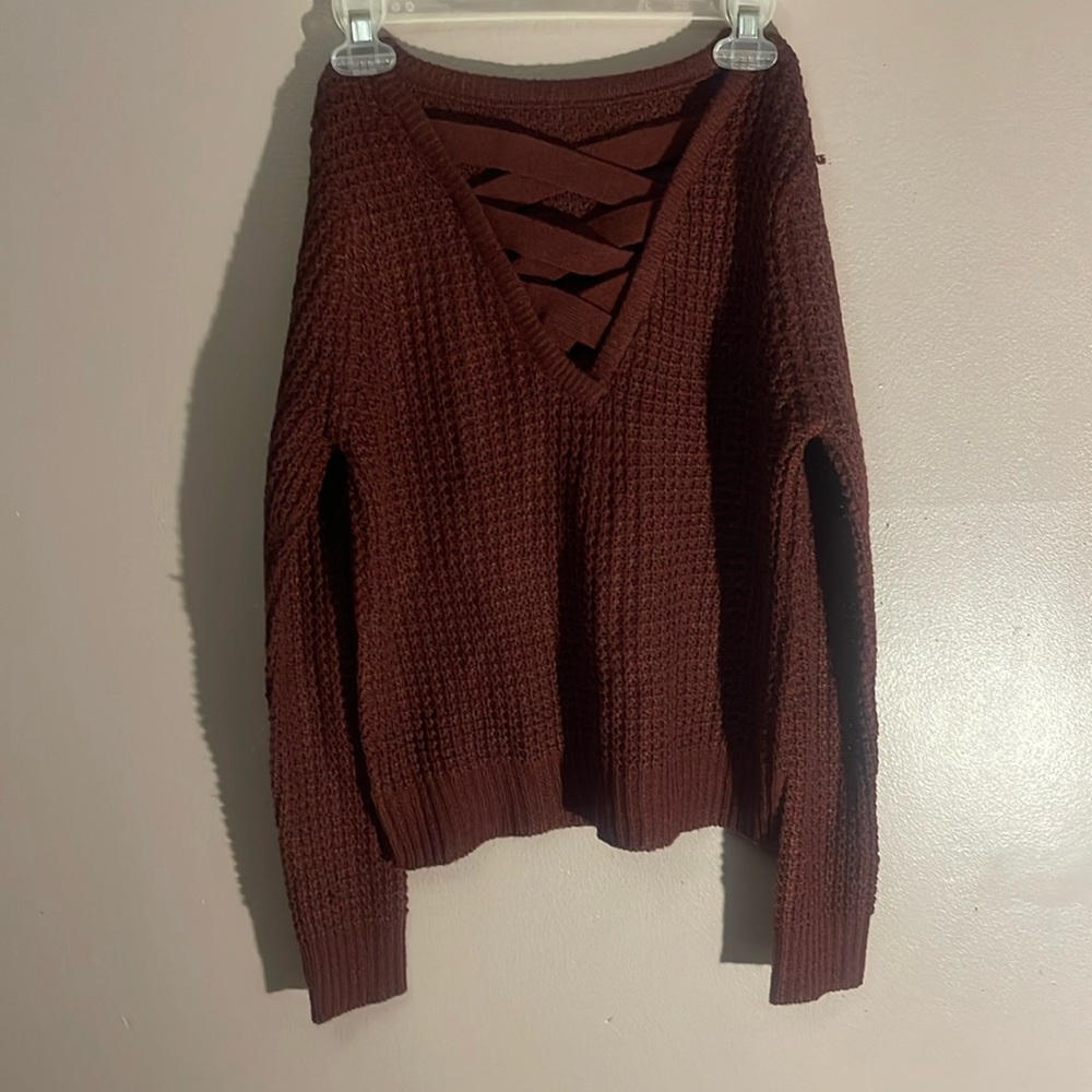 Fashion Nova sweater, woven, wool, cross back, backout.